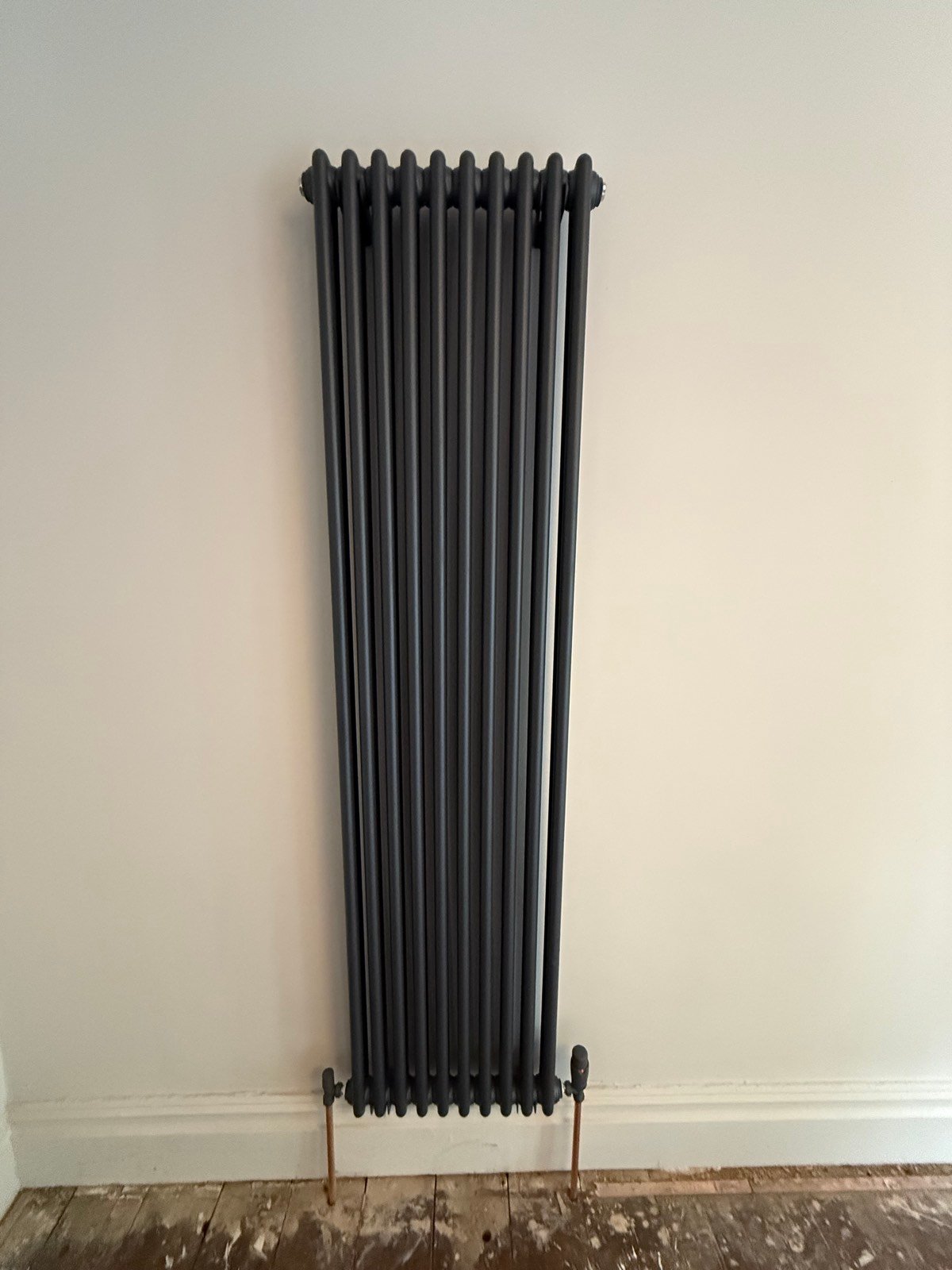 Modern anthracite vertical radiator installed in a living room