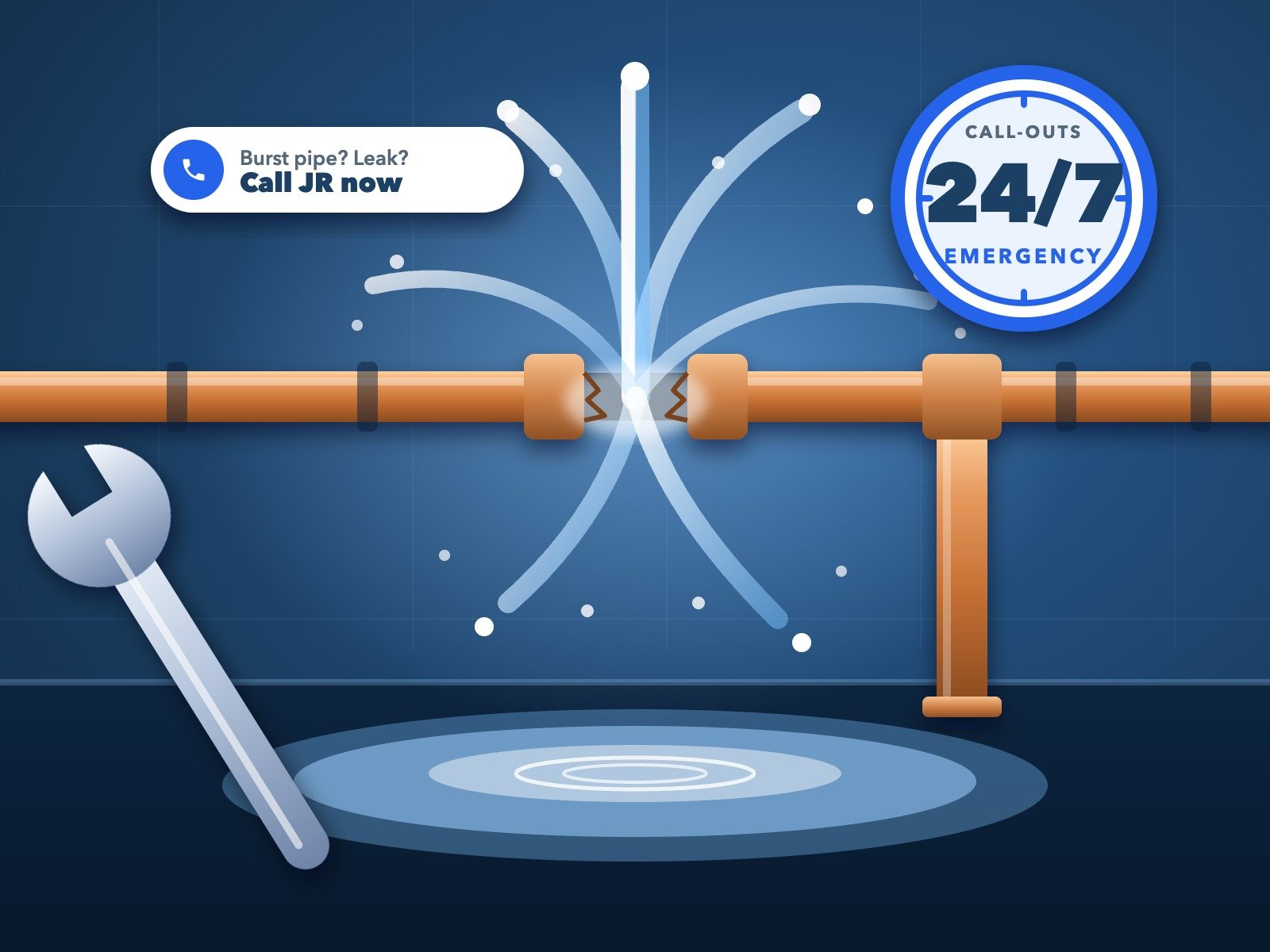 Illustration of a burst copper pipe spraying water, with a 24/7 emergency plumber badge and a call JR now button