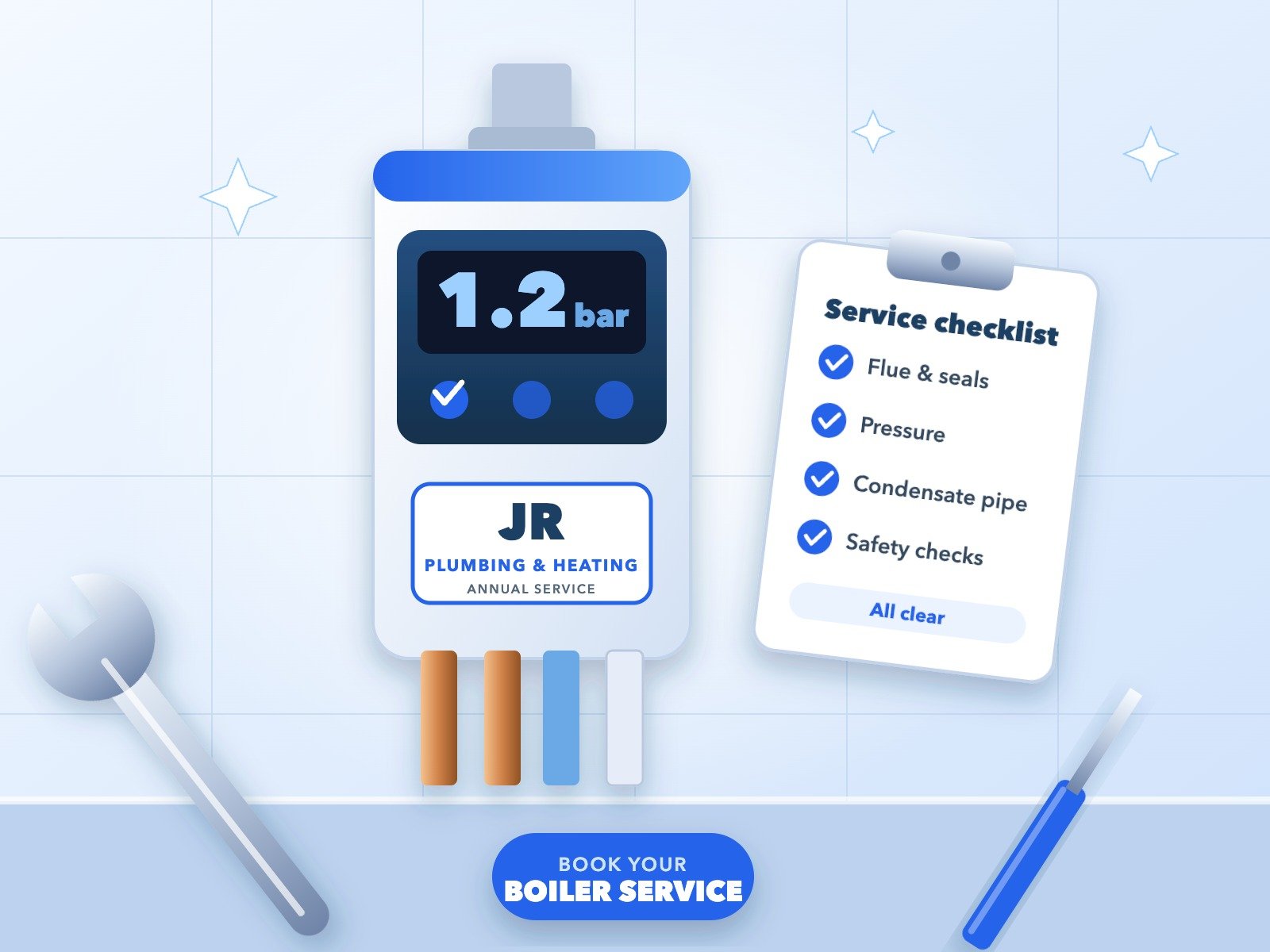 Illustration of a boiler with a service checklist and plumbing tools for annual boiler servicing